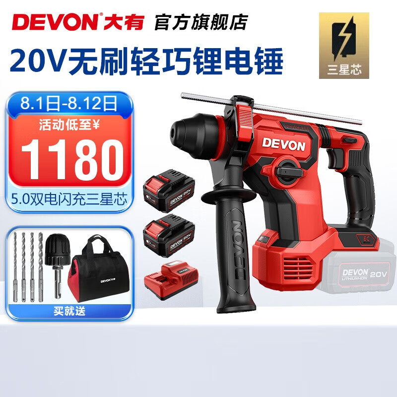El martillo eléctrico sin escobillas de litio de 20V (Devon) 5408 martillo eléctrico recargable perforador de impacto monitoreo de hormigón