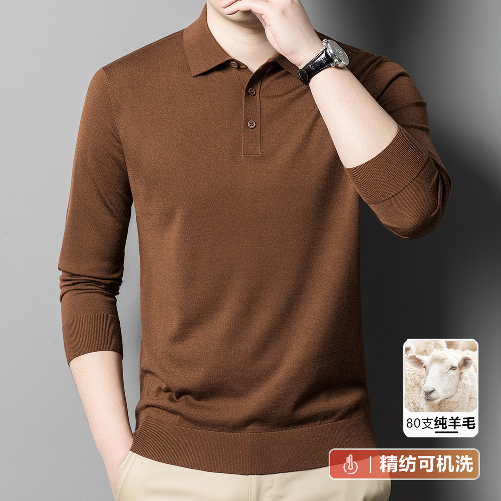 80支新澳毛男士精纺羊毛衫翻领春秋季薄款可机洗商务polo领毛衣男