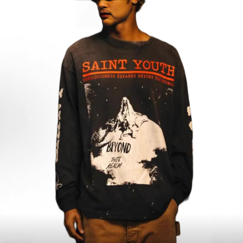 Saint of Michael American High Street Fashion Brand Wolf Print Distressed Vintage Destroyed Men's and Women's Long-Sleeved T-Shirt