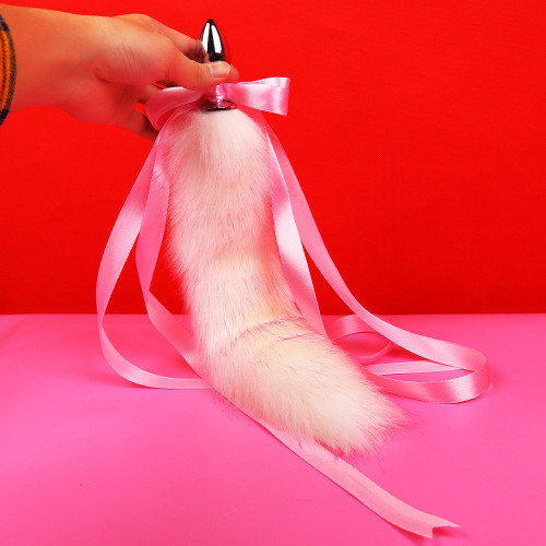 Sex toy pink bow for adult couples metal anal plug flirting white pink plush tail female backcourt hair