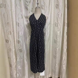 耀眼露思同款黑色波点V领挂脖露背连衣裙显瘦中长裙女