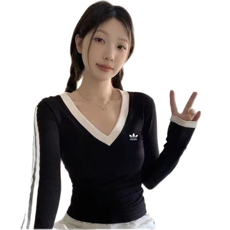三叶草条纹长袖T恤深V领修身显瘦春秋季上衣套头衫外穿打底衫女|undefined