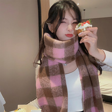 明星同款秋冬季粉色显白格子围巾韩版百搭保暖情侣围脖披肩女批发