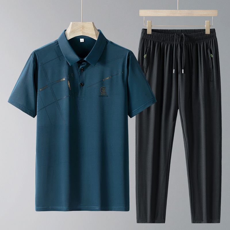 Traje casual de seda de hielo de verano para papá Camisa POLO de manga corta delgada de verano para hombres Traje de dos piezas de deportes de secado rápido para personas mayores y de mediana edad