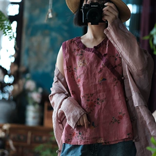 落古泥轻定制原创中式改良色织苎麻盘扣无袖小衫衬衫女2188拂衣
