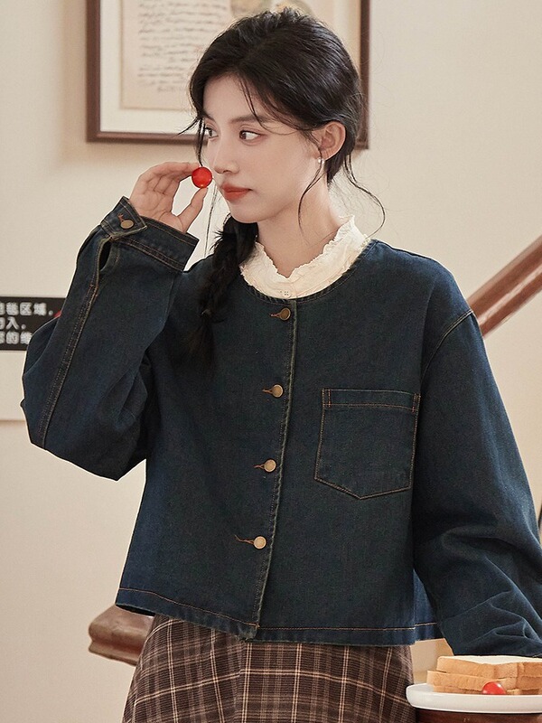 日系宽松简约圆领牛仔长袖外套女2025秋季单排扣复古百搭修身上衣|undefined