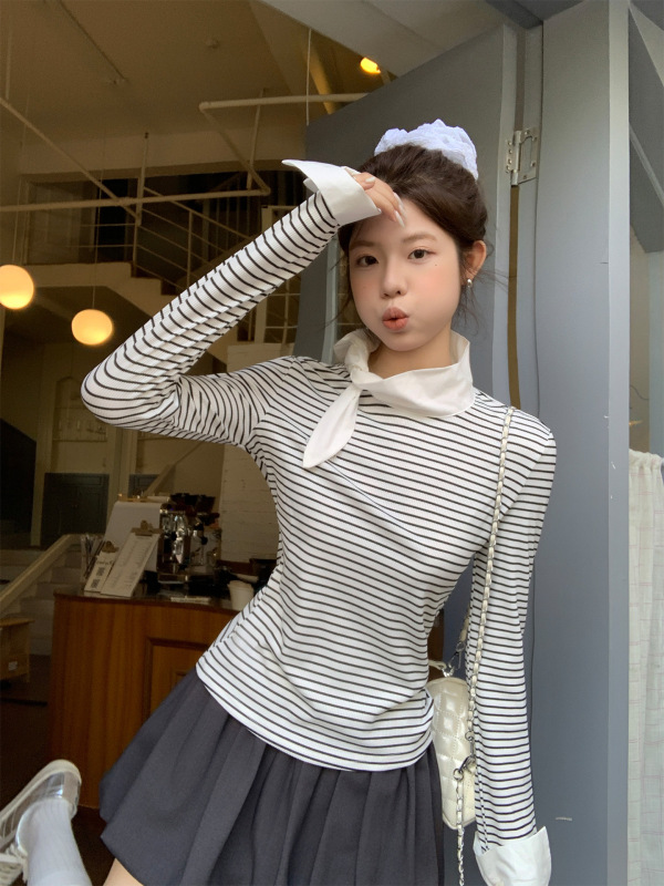 条纹假两件长袖T恤女2025年早秋季新款设计感领结内搭打底衫上衣|undefined