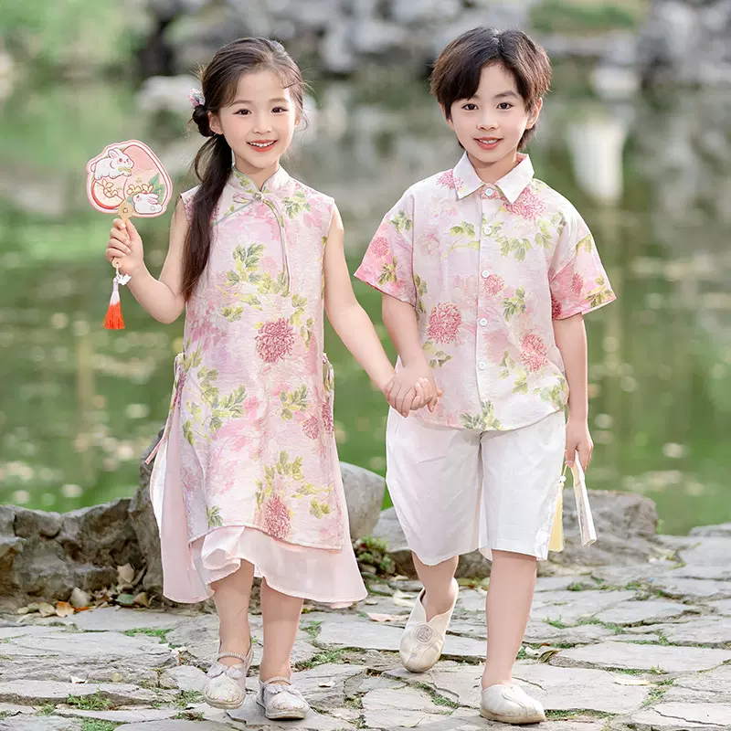 男童夏季衬衫套装2025新款儿童花衬衣服薄款男孩港风两件套潮帅气