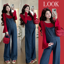 实拍2025秋季新款孕妇装前后两穿孕妇背带裤+红色喇叭袖上衣套装