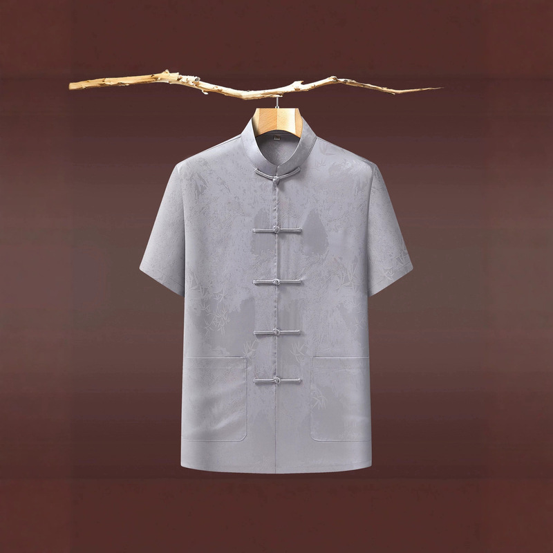 Middle-Aged and Elderly Men's Bamboo Leaf Short-Sleeve Shirt Summer Casual Silk Blend Set Ice Silk Thin Style for Elderly Father Tang Suit Middle-Aged and Elderly Men's Bamboo Leaf Short-Sleeve Shirt Summer Casual Silk Blend Set Ice Silk Thin Style for Elderly Father Tang Suit