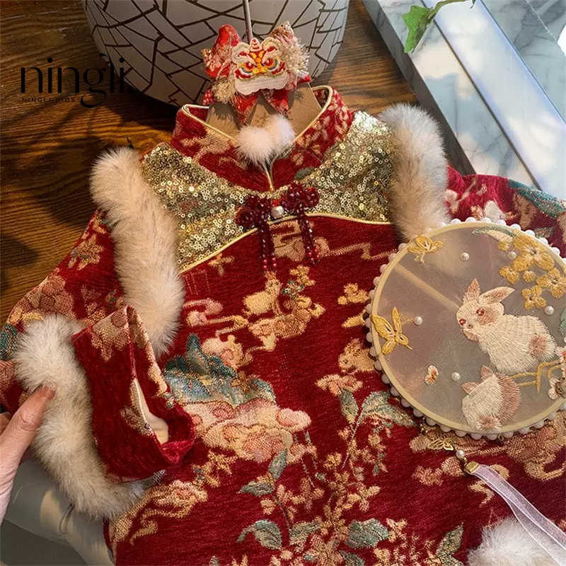 柠里女童拜年服新款冬季装唐装周岁礼服小童女宝宝过年旗袍汉服裙