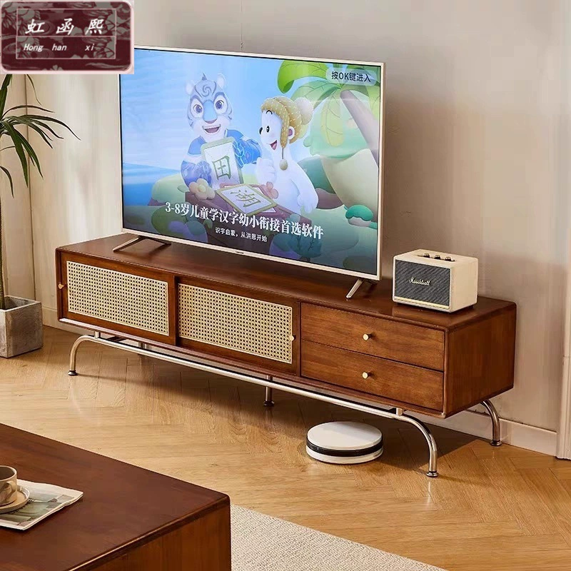 Скандинавский шкаф для телевизора из цельного дерева, журнальный столик, комбинированный домашний маленький шкаф для хранения в стиле ретро из ротанга для гостиной