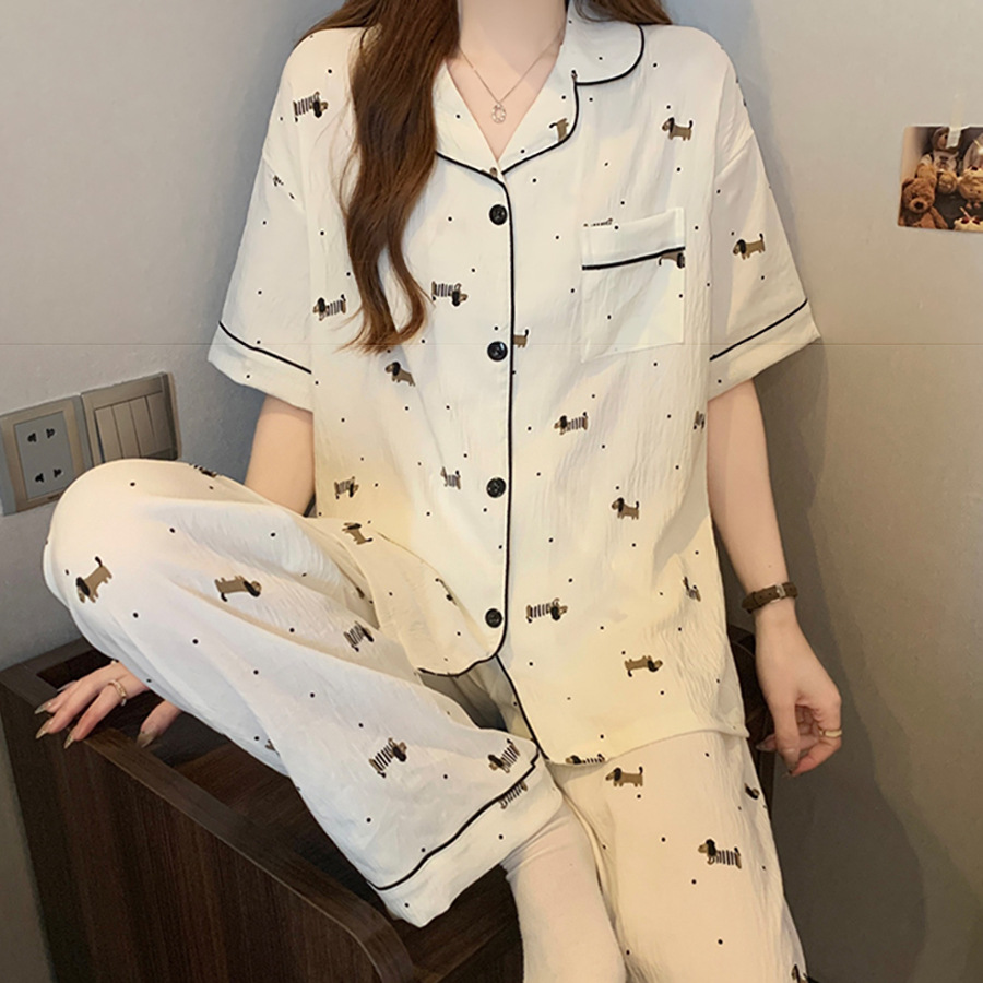 Verano nuevo pijama de algodón nublado pareja suelta pantalones largos de manga corta de dos piezas se puede usar ropa de casa mujer