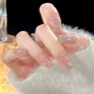 Wholesale Wearable Nails Xiaohongshu Popular Mid-Length Gilt Glitter Nail Polish Finished Nail Patch Jelly Glue