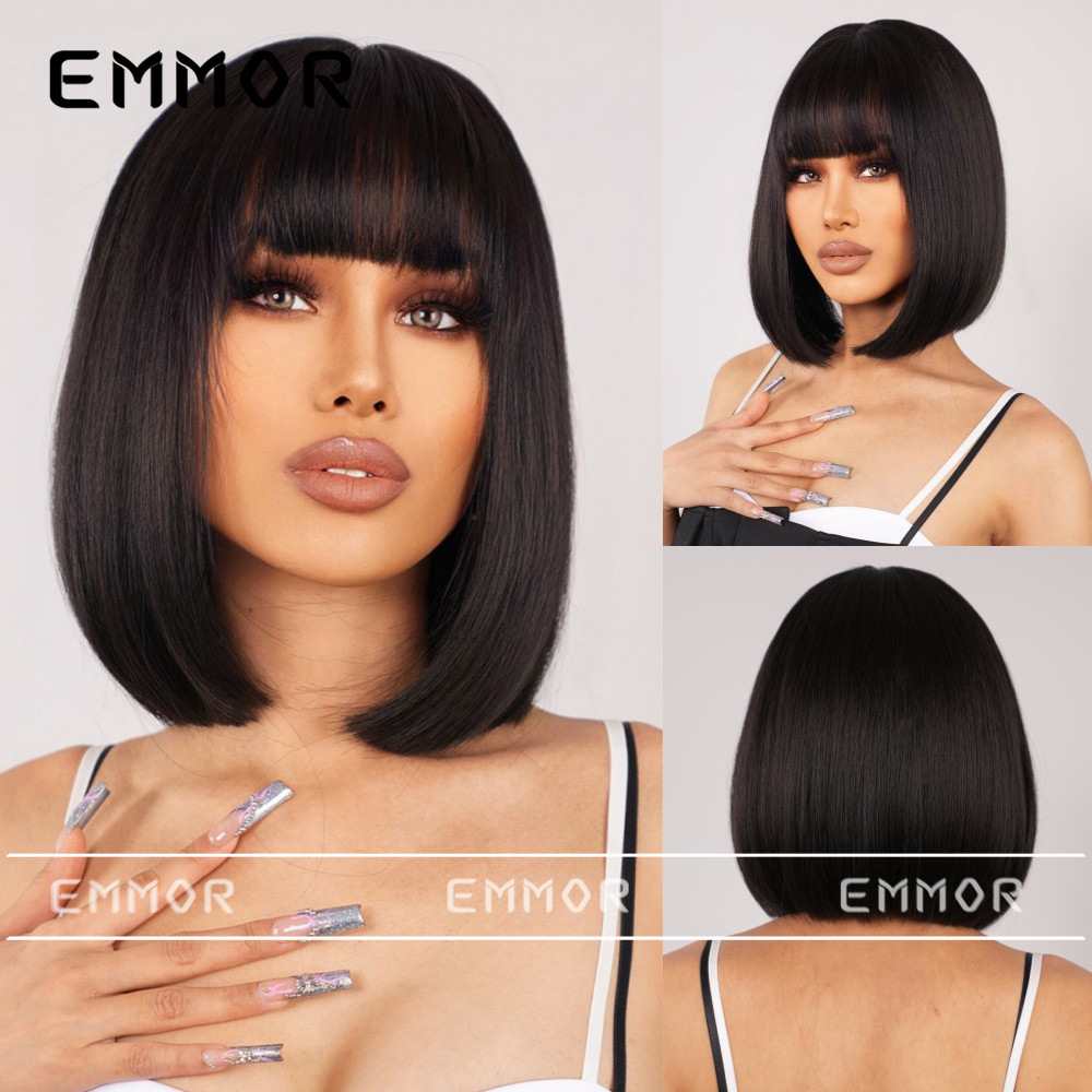 Nueva peluca europea y americana de las mujeres natural Negro Diario salir puede usar dentro hebilla cola recta Bangs Pelo Corto Bobo cabeza