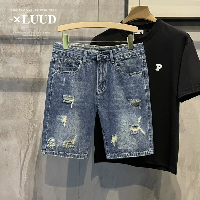 Men's Ripped Denim Shorts Casual Loose Fit Washed Perforated Straight Leg Mid Waist Trendy Summer Style Cotton Five Point Pants_mkmklike.com
