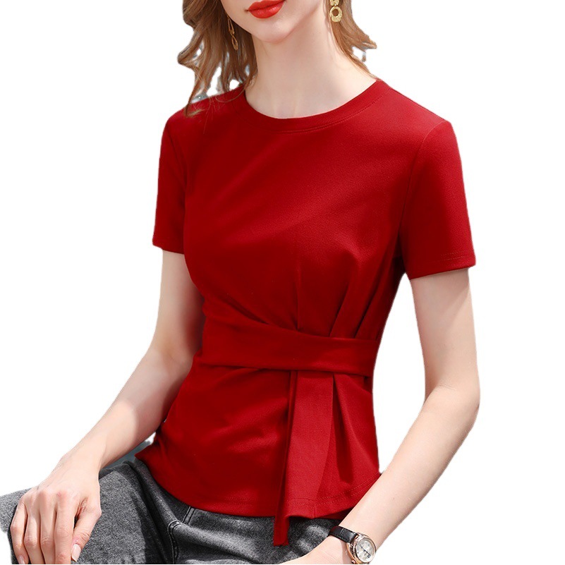 Camiseta de manga corta para mujer verano 2023 nueva Camiseta de algodón de cuello redondo de color sólido para mujer diseño ajustado a la cintura paraguas TOP que cubre el vientre image 1