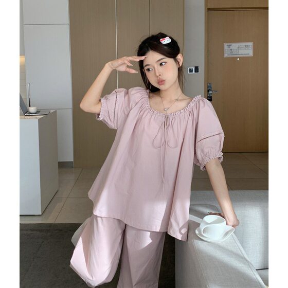 South Korea Ins Women's Korean-style Sweet Princess-style Loose Hollow-out Lace Loose Comfortable Short-sleeved Trousers Home Clothes