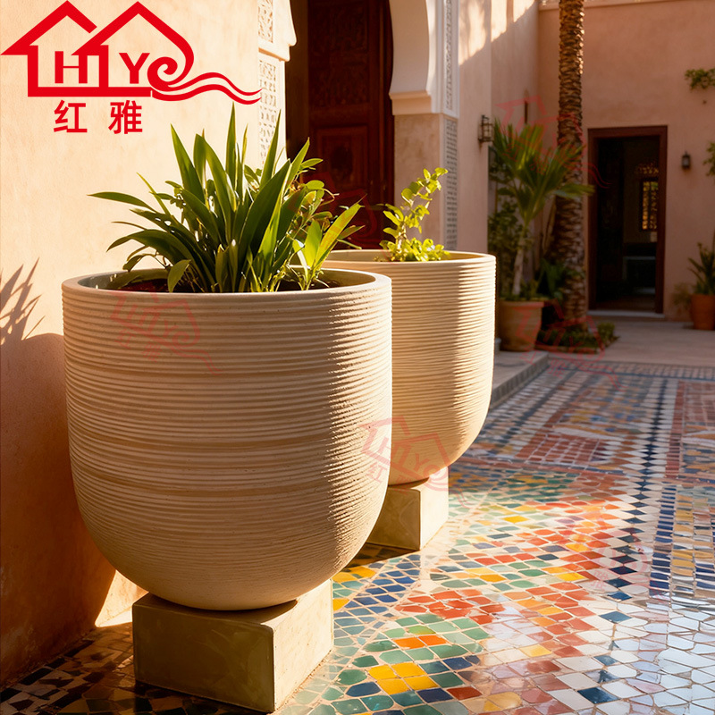 北欧风条纹圆形花盆户外庭院阳台大口径绿植盆器仿水泥装饰花盆