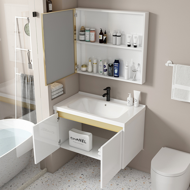 Blanco simple gabinete colgante integrado lavabo de cerámica lavabo de baño Combinación de gabinete de baño de aluminio espacial Luz de lujo