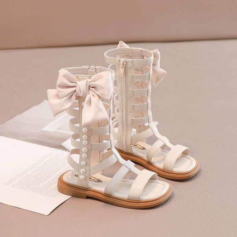 Высокие детские сандалии для женщин 2025 лето ретро высокие средние и большие детские длинные римские туфли с мягкой подошвой туфли для маленьких принцесс