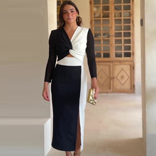 2025年秋新款女装欧美亚马逊跨境外贸黑白撞色长袖开叉v领连衣裙