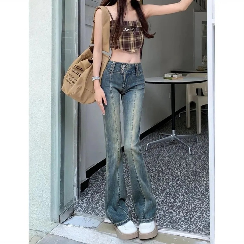 美式复古辣妹高腰微喇牛仔裤女设计感秋季直筒修身显瘦喇叭长裤潮|undefined