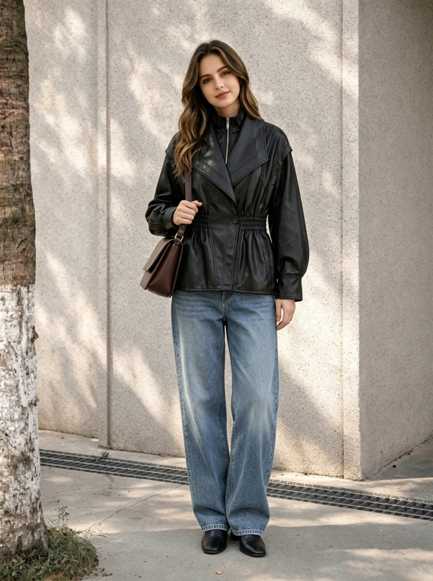 Spring and Autumn Pu Leather Jacket for Women, Stylish and Casual, Slim Fit, Versatile, Suitable for Short People, with a Turn-Down Collar, French Style, Factory Direct, in Stock