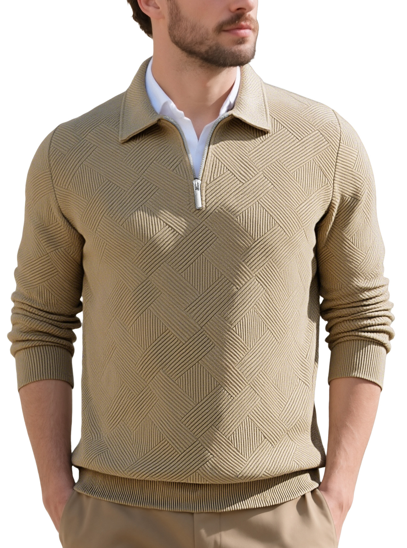 Transfronterizos Europa y América Amazon American otoño nuevo hombre retro jacquard manga larga con solapa media cremallera camiseta casual