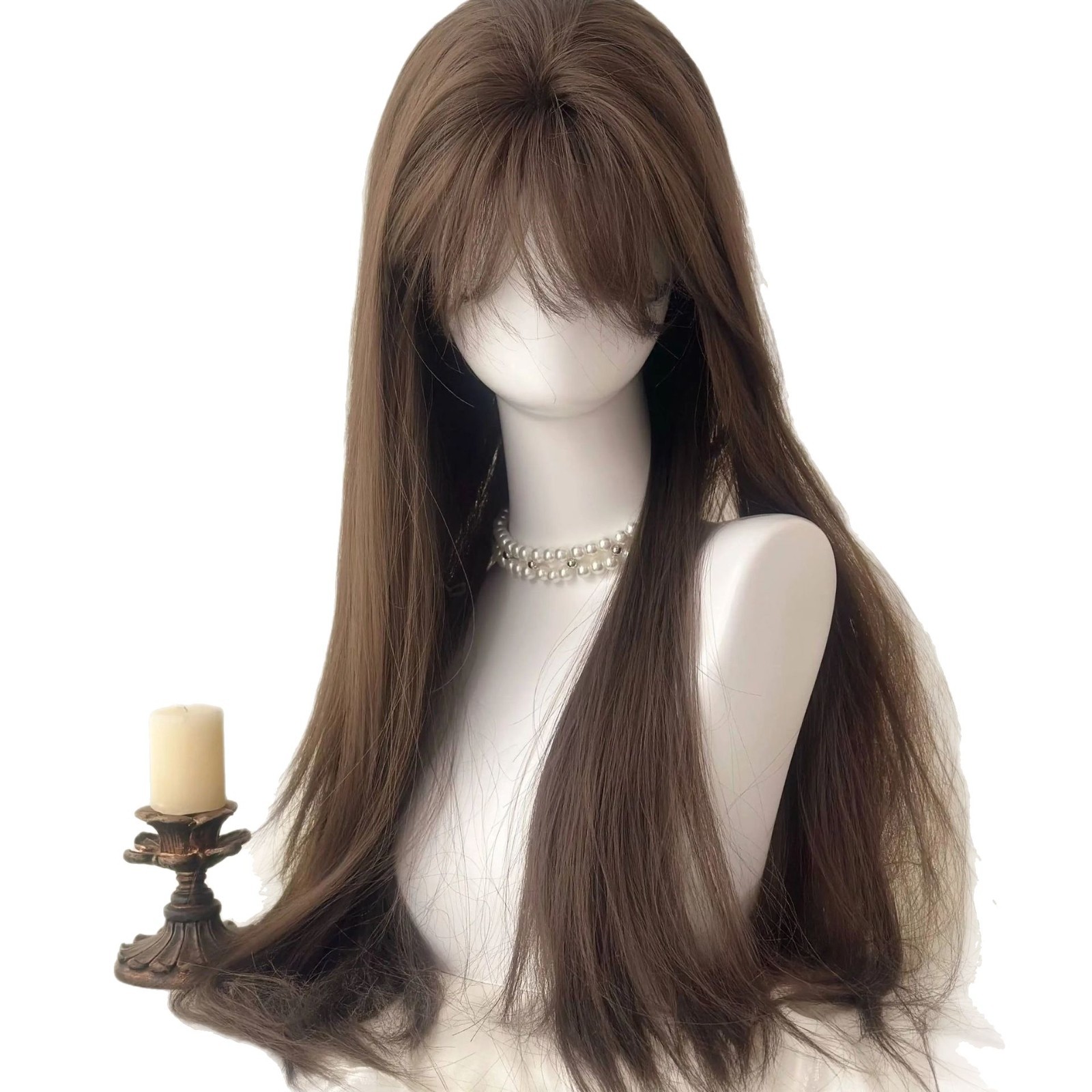 Connie pruik [kokosmelk koffie] damespruik, zoete melktheekleur, luchtpony, elegant lang recht natuurlijk ogend haar