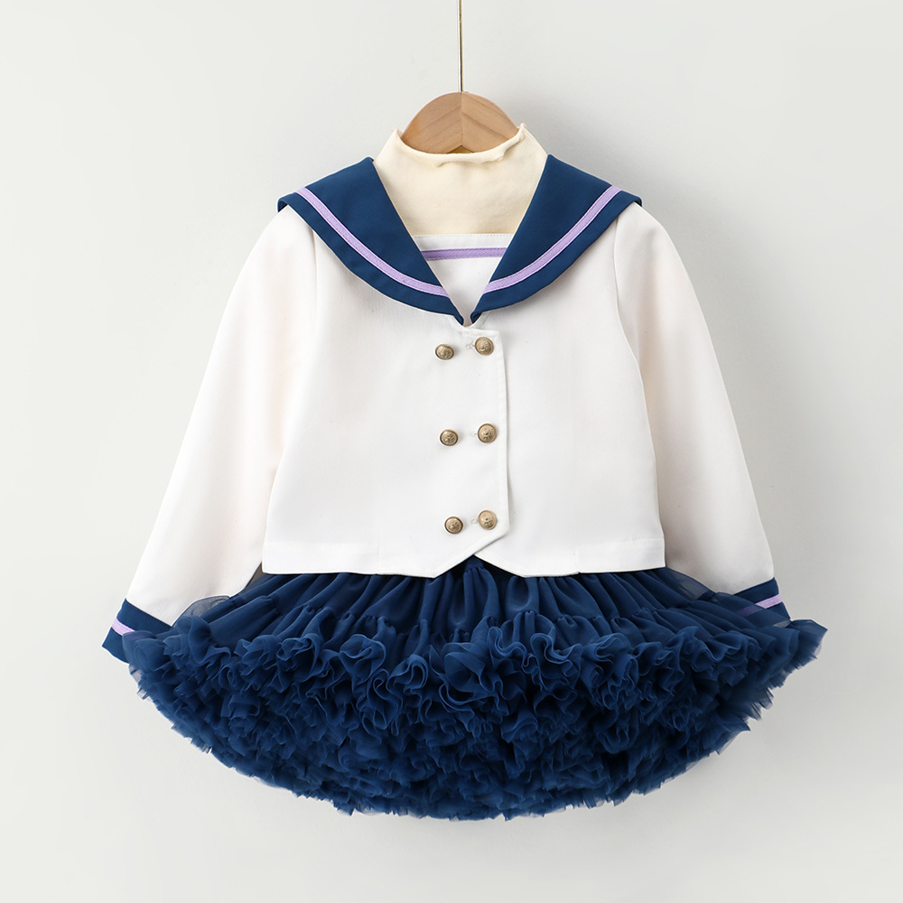 Mutter & Kinder Mädchen Marine Stil Kinderkleidung 2024 neue Version von kleinen und mittelgroßen Kindern alle passen College Stil Tops mit Tutu Rock_voghion.com