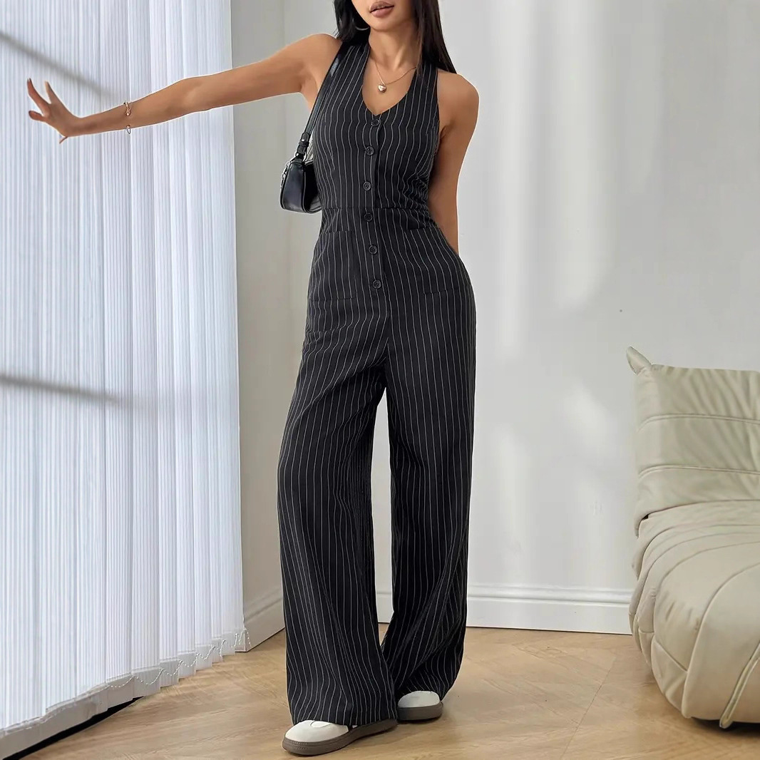 European and American Cross-Border Sleeveless Front Button Commuting Elegant Slim Casual Striped Jumpsuit V-Neck Light Luxury Versatile