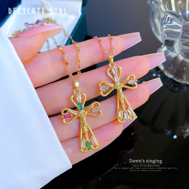 Ethnic Style Cross Stainless Steel Inlay Artificial Gemstones Necklace 1 Piece