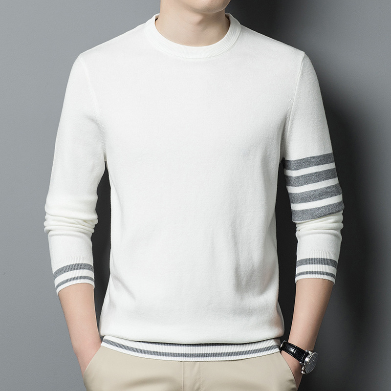 Autumn and Winter New Men's Sweater Striped Jacquard Long Sleeve Round Neck Men's Base Shirt Simple Trendy Sweater for Men