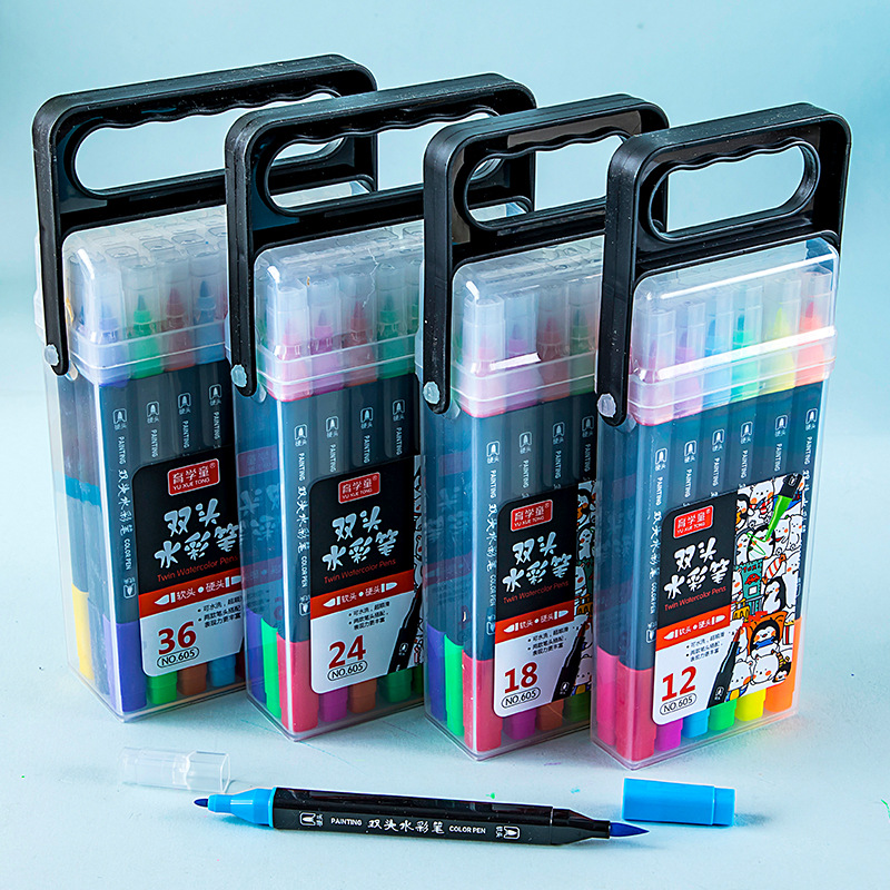 Mango de pluma de acuarela de doble cabeza pincel de pintura en caja cepillo de cabeza suave de fibra suministros de arte para niños pluma de acuarela lavable