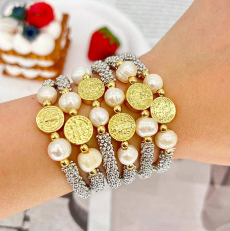 24g Weight Natural Pearl Pendant Material Bracelets Classification Copper Chain Material 1 Piece Quantity Copper Plating Flakes Round Virgin Mary Bracelets