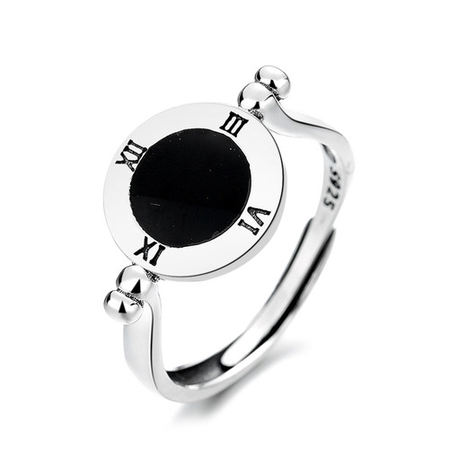 Yunchaoxuan S925 sterling silver retro Japanese and Korean Epoxy Roman numeral disc niche design open ring for men and women