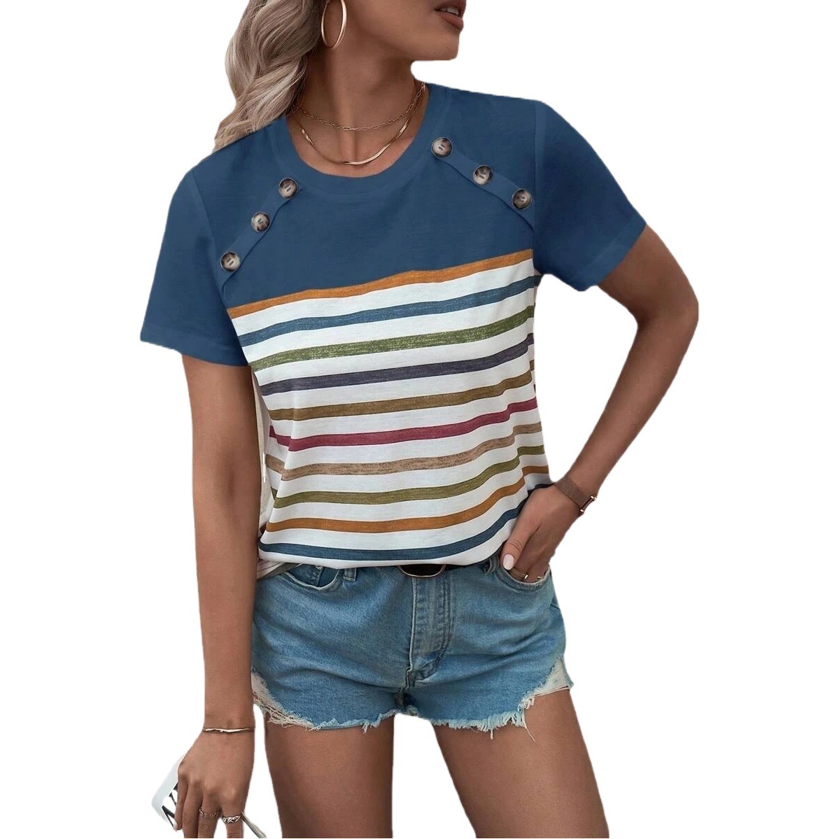 Blusa Casual de Verano para Mujer, Estilo Europeo y Americano, con Estampado de Rayas y Botones, Manga Corta, Nueva Colección 2026