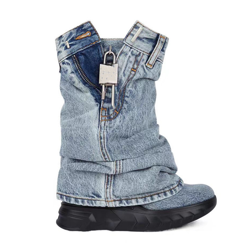 2026 New Foreign Trade Style Round-Toe Thick-Soled Wedge Black Denim Metal Buckle Shark Boots Short Tube Large Size Bootcut Boots 2026 New Foreign Trade Style Round-Toe Thick-Soled Wedge Black Denim Metal Buckle Shark Boots Short Tube Large Size Bootcut Boots