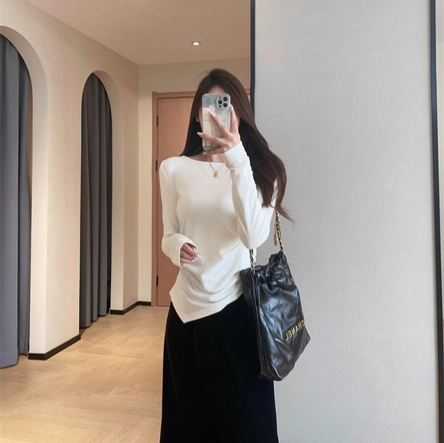 IM919设计感小众不规则下摆褶皱收腰显瘦船领长袖T恤女2025秋冬|undefined