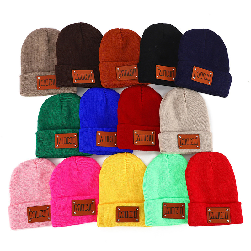 Cross-border best-selling autumn and winter MAMA knitted beanie, European and American hip-hop style, with leather patch, for women and babies, MINI knitted hat