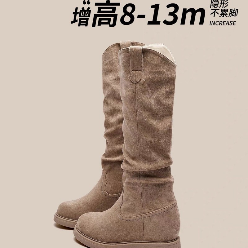 2025年秋季新款褶皱高筒靴复古木纹粗跟圆头堆堆靴女长靴弹力靴|undefined