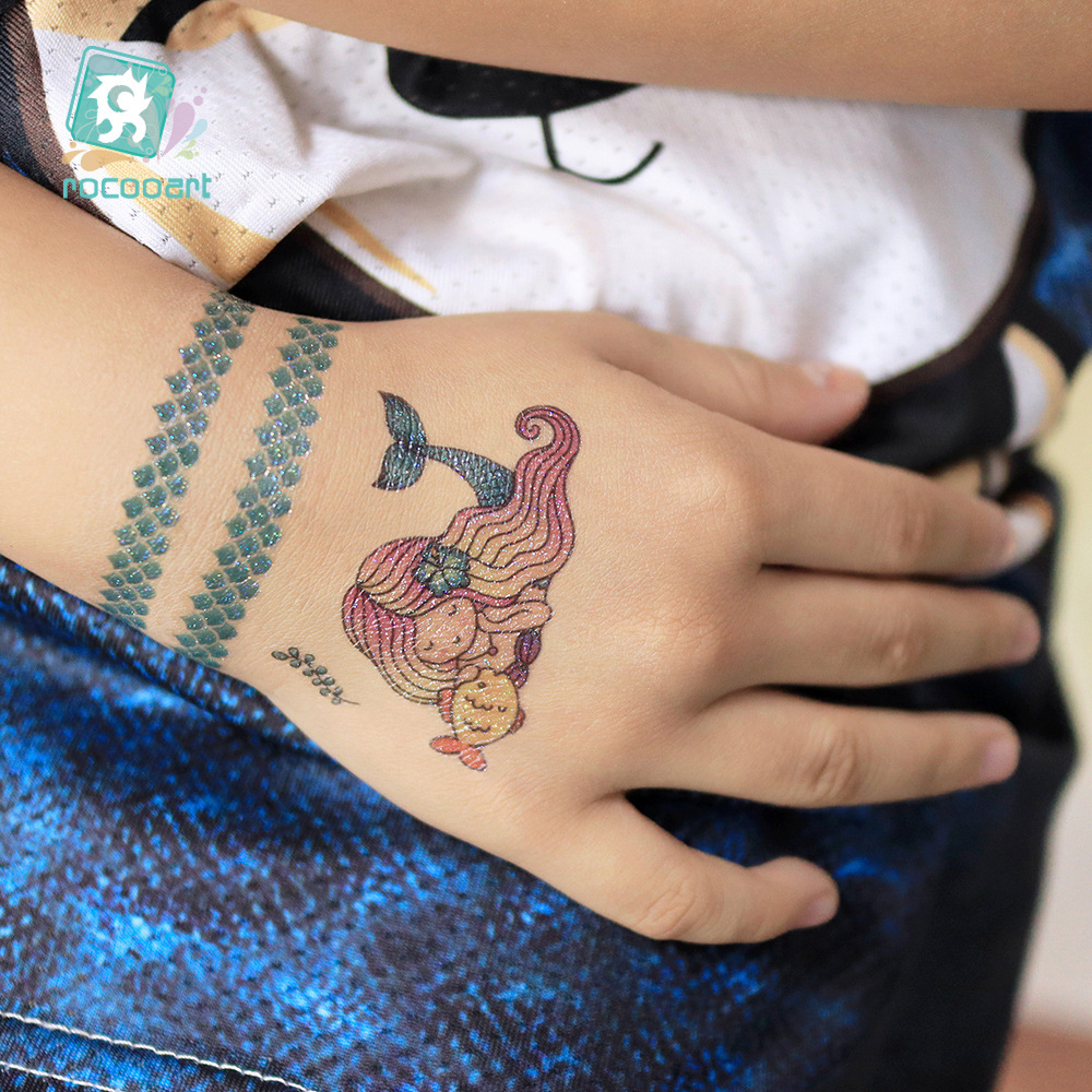 Ruikarong transfronteriza de dibujos animados brillo sirena tatuaje pegatinas mariposa impermeable niños tatuaje pegatinas ventas directas de la fábrica