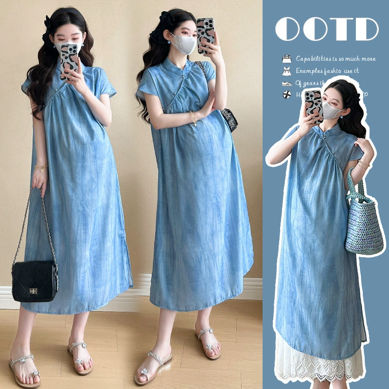 Платье для беременных 2025 лето новое синее китайское чонсам кружевное платье элегантный многослойный комплект из двух предметов