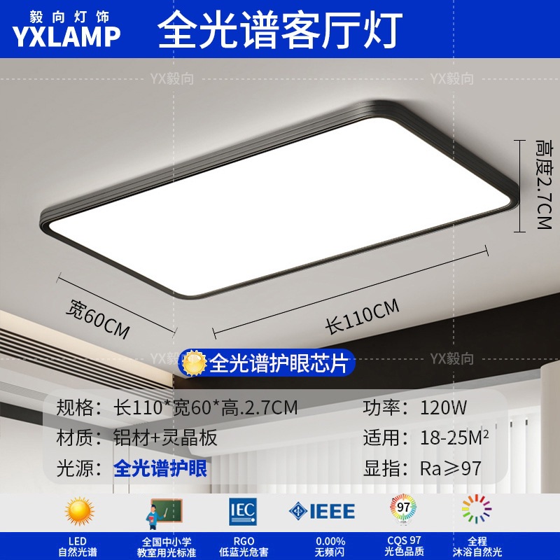 Luz de techo, lámpara de sala de estar, lámpara principal de espectro completo, protección de ojos, lámpara de dormitorio moderna simple sin hendiduras, lámpara negra Zhongshan