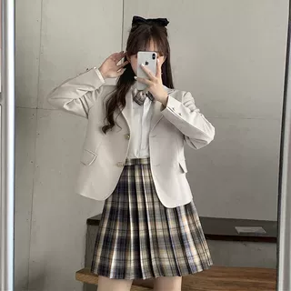 【三件套】学院风小西装外套女+长袖白衬衫+jk短裙格子百褶裙套装