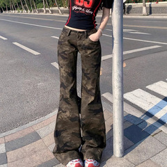 复古迷彩美式高街微喇牛仔裤女夏季薄款低腰直筒显瘦百搭阔腿