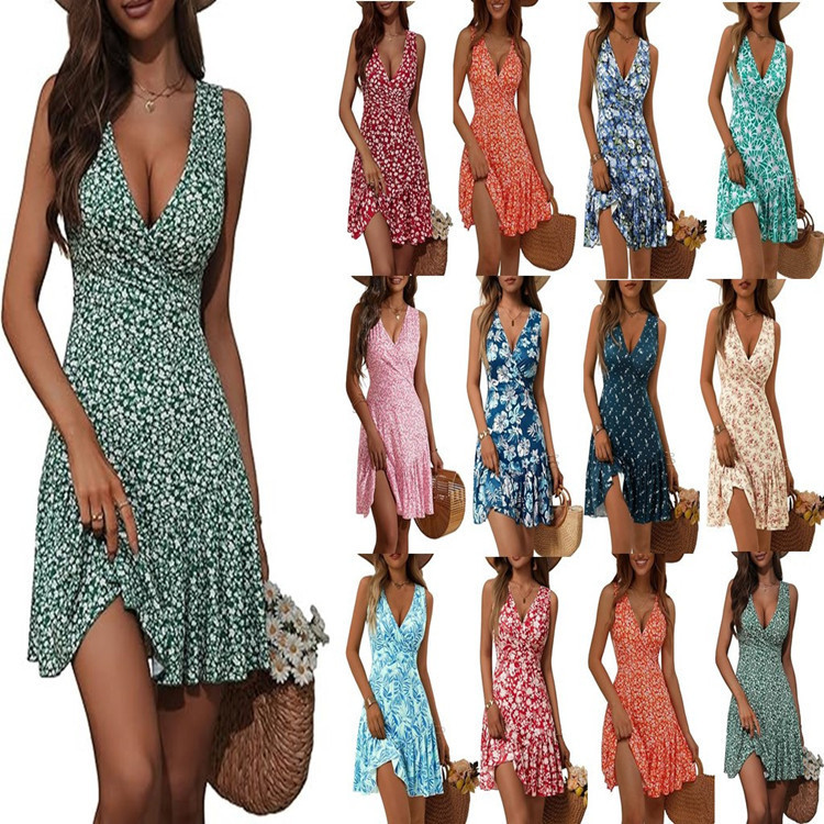 European and American Women's 2025 New Summer Amazon AliExpress Sleeveless Sexy V-neck Floral Mini dress