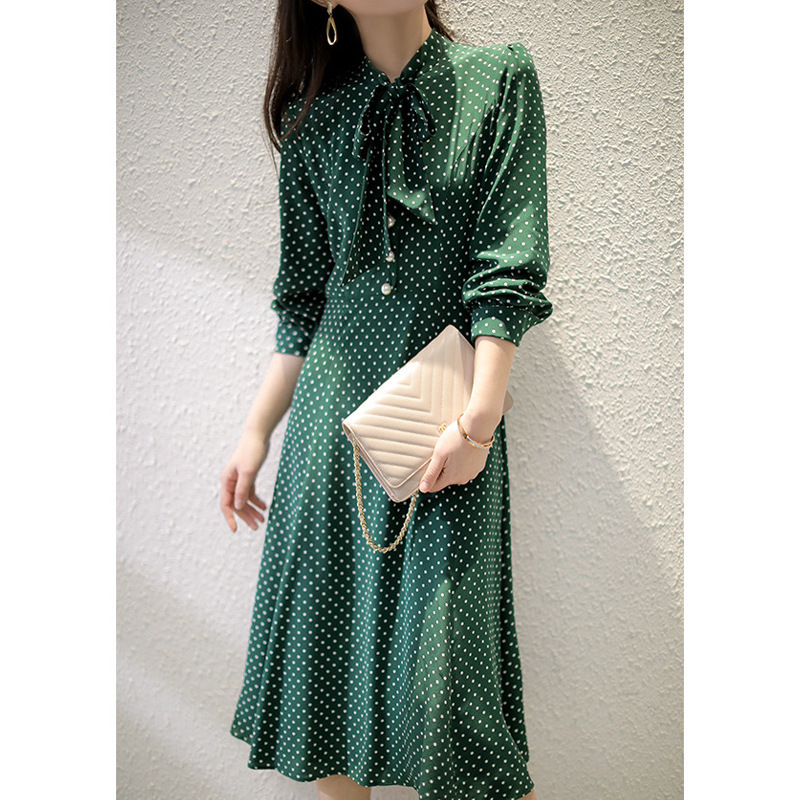 Polo Dot Dress Women's French Style Women's Clothing Niche Design Sense Floating Leading Autumn Retro Elegant Long Dress