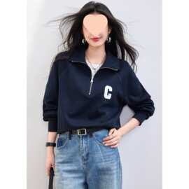 藏青色半拉链polo翻领卫衣女春秋款秋冬短款宽松百搭长袖套头上衣